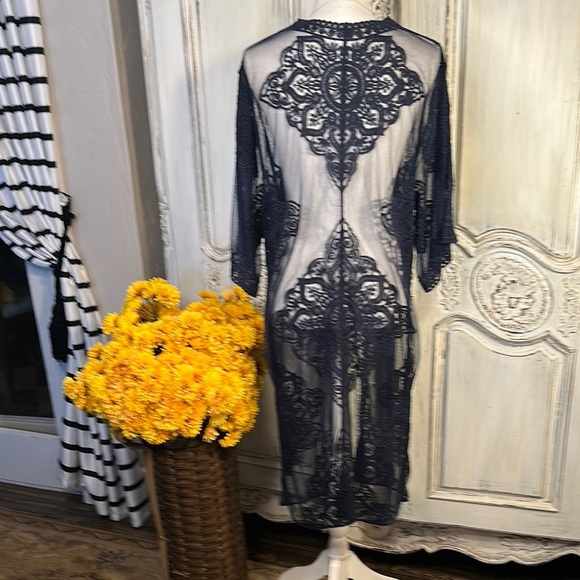 Elegant Navy Lace Kimono Swim Cover Up Duster NWT - Picture 6 of 9